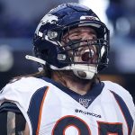 INDIANAPOLIS, INDIANA - OCTOBER 27: Derek Wolfe #95 of the Denver Broncos celebrates after a play in the game against the Indianapolis Colts during the fourth quarter at Lucas Oil Stadium on October 27, 2019 in Indianapolis, Indiana. (Photo by Justin Casterline/Getty Images)