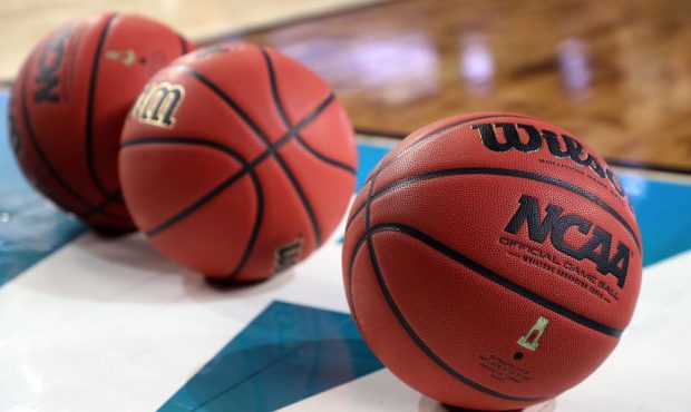 MINNEAPOLIS, MINNESOTA - APRIL 05: NCAA basketballs sit on the court during practice prior to the 2...