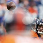 DENVER, CO - NOVEMBER 3:  Brandon Allen #2 of the Denver Broncos warms up throwing passes before a game against the Cleveland Browns at Broncos Stadium at Mile High on November 3, 2019 in Denver, Colorado.   (Photo by Wesley Hitt/Getty Images)