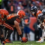 DENVER, CO - NOVEMBER 3:  The Cleveland Browns offense lines up behind JC Tretter #64 in the first quarter of a game against the Denver Broncos at Empower Field at Mile High on November 3, 2019 in Denver, Colorado.  (Photo by Dustin Bradford/Getty Images)