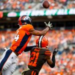 DENVER, CO - NOVEMBER 3:  Wide receiver Courtland Sutton #14 of the Denver Broncos catches a touchdown pass over cornerback Denzel Ward #21 of the Cleveland Browns during the first quarter at Broncos Stadium at Mile High on November 3, 2019 in Denver, Colorado. (Photo by Justin Edmonds/Getty Images)