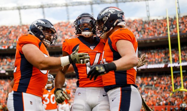 DENVER, CO - NOVEMBER 3: Wide receiver Courtland Sutton #14 of the Denver Broncos celebrates his to...