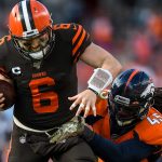 DENVER, CO - NOVEMBER 3:  Baker Mayfield #6 of the Cleveland Browns is hit by A.J. Johnson #45 of the Denver Broncos in the second quarter of a game at Empower Field at Mile High on November 3, 2019 in Denver, Colorado.  (Photo by Dustin Bradford/Getty Images)