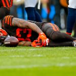 DENVER, CO - NOVEMBER 3:  Tight end Ricky Seals-Jones #83 of the Cleveland Browns holds his knee after a hard tackle in the second quarter against the Denver Broncos at Empower Field at Mile High on November 3, 2019 in Denver, Colorado. (Photo by Justin Edmonds/Getty Images)