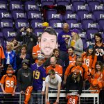 MINNEAPOLIS, MN - NOVEMBER 17: Fans in the stands hold up a sign depicting Brandon Allen #2 of the Denver Broncos before the game against the Minnesota Vikings at U.S. Bank Stadium on November 17, 2019 in Minneapolis, Minnesota. (Photo by Stephen Maturen/Getty Images)