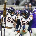 MINNEAPOLIS, MN - NOVEMBER 17: Von Miller #58 of the Denver Broncos celebrates with Justin Hollins #52 after sacking Kirk Cousins #8 of the Minnesota Vikings (not pictured) in the first quarter of the game at U.S. Bank Stadium on November 17, 2019 in Minneapolis, Minnesota. (Photo by Stephen Maturen/Getty Images)