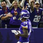 MINNEAPOLIS, MN - NOVEMBER 17: Stefon Diggs #14 of the Minnesota Vikings celebrates after scoring a 54 yard touchdown in the fourth quarter of the game against the Denver Broncos at U.S. Bank Stadium on November 17, 2019 in Minneapolis, Minnesota. (Photo by Stephen Maturen/Getty Images)