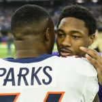 MINNEAPOLIS, MN - NOVEMBER 17: Stefon Diggs #14 of the Minnesota Vikings and Will Parks #34 of the Denver Broncos after the game at U.S. Bank Stadium on November 17, 2019 in Minneapolis, Minnesota. The Vikings defeated the Broncos 27-23. (Photo by Stephen Maturen/Getty Images)