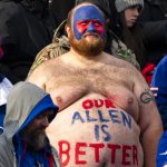 ORCHARD PARK, NY - NOVEMBER 24:  A shirtless Buffalo Bills fan watches game action during the first half against the Denver Broncos at New Era Field on November 24, 2019 in Orchard Park, New York. (Photo by Brett Carlsen/Getty Images)