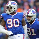ORCHARD PARK, NY - NOVEMBER 24:  Shaq Lawson #90 of the Buffalo Bills celebrates his sack during the second half against the Denver Broncos at New Era Field on November 24, 2019 in Orchard Park, New York.  Buffalo beats Denver 20 to 3. (Photo by Timothy T Ludwig/Getty Images)