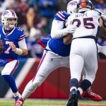 ORCHARD PARK, NY - NOVEMBER 24:  Josh Allen #17 of the Buffalo Bills drops back to pass during the third quarter against the Denver Broncos at New Era Field on November 24, 2019 in Orchard Park, New York. Buffalo defeats Denver 20-3.  (Photo by Brett Carlsen/Getty Images)
