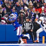 ORCHARD PARK, NY - NOVEMBER 24:  John Brown #15 of the Buffalo Bills makes a touchdown pass reception during the fourth quarter against the Denver Broncos at New Era Field on November 24, 2019 in Orchard Park, New York. Buffalo defeats Denver 20-3.  (Photo by Brett Carlsen/Getty Images)