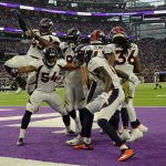 MINNEAPOLIS, MINNESOTA - NOVEMBER 17:  The Denver Broncos celebrate a fumble recovery in the endzone against the Minnesota Vikings in the second quarter at U.S. Bank Stadium on November 17, 2019 in Minneapolis, Minnesota. (Photo by Adam Bettcher/Getty Images)