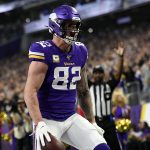 MINNEAPOLIS, MINNESOTA - NOVEMBER 17:  Kyle Rudolph #82 of the Minnesota Vikings celebrates a touchdown pass reception against the Denver Broncos in the fourth quarter at U.S. Bank Stadium on November 17, 2019 in Minneapolis, Minnesota. (Photo by Hannah Foslien/Getty Images)