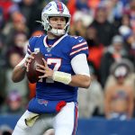 ORCHARD PARK, NEW YORK - NOVEMBER 24: Josh Allen #17 of the Buffalo Bills holds the ball during the first quarter of an NFL game against the Denver Broncos at New Era Field on November 24, 2019 in Orchard Park, New York. (Photo by Bryan M. Bennett/Getty Images)