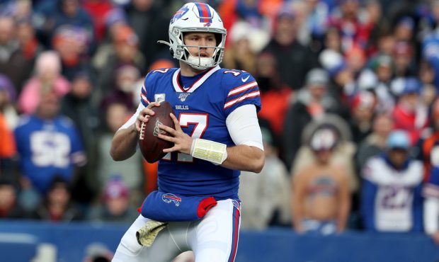 ORCHARD PARK, NEW YORK - NOVEMBER 24: Josh Allen #17 of the Buffalo Bills holds the ball during the...