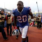 ORCHARD PARK, NEW YORK - NOVEMBER 24: Frank Gore #20 of the Buffalo Bills runs off the field after an NFL game against the Denver Broncos at New Era Field on November 24, 2019 in Orchard Park, New York. Buffalo Bills defeated the Denver Broncos 20-3. (Photo by Bryan M. Bennett/Getty Images)