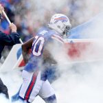 ORCHARD PARK, NEW YORK - NOVEMBER 24: Frank Gore #20 of the Buffalo Bills runs onto the field during introductions before an NFL game against the Denver Broncos at New Era Field on November 24, 2019 in Orchard Park, New York. (Photo by Bryan M. Bennett/Getty Images)
