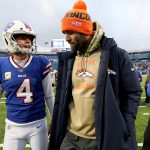 ORCHARD PARK, NEW YORK - NOVEMBER 24: Stephen Hauschka #4 of the Buffalo Bills and Joe Flacco #5 of the Denver Broncos speak after an NFL game at New Era Field on November 24, 2019 in Orchard Park, New York. Buffalo Bills defeated the Denver Broncos 20-3. (Photo by Bryan M. Bennett/Getty Images)