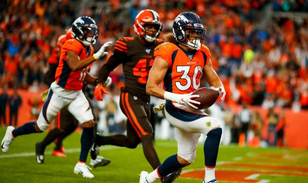 DENVER, CO - NOVEMBER 3:  Running back Phillip Lindsay #30 of the Denver Broncos scores a touchdown...