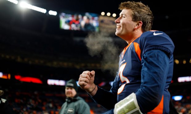 DENVER, CO - DECEMBER 1: Quarterback Drew Lock #3 of the Denver Broncos celebrates after the Bronco...