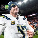DENVER, CO - DECEMBER 1:  Philip Rivers #17 of the Los Angeles Chargers reacts as he walks off the field after a 23-20 loss to the Denver Broncos at Empower Field at Mile High on December 1, 2019 in Denver, Colorado.  (Photo by Dustin Bradford/Getty Images)