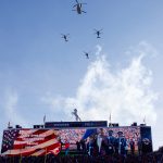 DENVER, CO - DECEMBER 1:  A group of helicopters fly over the stadium during the National Anthem before a game between the Los Angeles Chargers and Denver Broncos at Empower Field at Mile High on December 1, 2019 in Denver, Colorado. (Photo by Justin Edmonds/Getty Images)