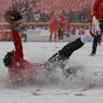 KANSAS CITY, MO - DECEMBER 15: Kansas City Chiefs quarterback Patrick Mahomes (15) slides in the snow before an AFC West game between the Denver Broncos and Kansas City Chiefs on December 15, 2019 at Arrowhead Stadium in Kansas City, MO. (Photo by Scott Winters/Icon Sportswire via Getty Images)