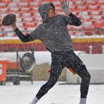 KANSAS CITY, MO - DECEMBER 15:  Quarterback Drew Lock #3 of the Denver Broncos works out during pre-game before a game against the Kansas City Chiefs at Arrowhead Stadium on December 15, 2019 in Kansas City, Missouri. (Photo by Peter Aiken/Getty Images)