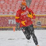 KANSAS CITY, MO - DECEMBER 15:  Tight end Travis Kelce #87 of the Kansas City Chiefs runs up field during pre-game before a game against the Denver Broncos at Arrowhead Stadium on December 15, 2019 in Kansas City, Missouri. (Photo by Peter Aiken/Getty Images)