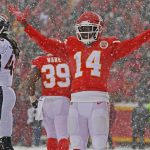 KANSAS CITY, MO - DECEMBER 15:  Wide receiver Sammy Watkins #14 of the Kansas City Chiefs reacts after catching a pass for a two-point conversion against the Denver Broncos during the second half at Arrowhead Stadium on December 15, 2019 in Kansas City, Missouri. (Photo by Peter Aiken/Getty Images)