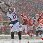 KANSAS CITY, MO - DECEMBER 15:  Wide receiver DaeSean Hamilton #17 of the Denver Broncos reaches out for a pass against defensive back Daniel Sorensen #49 of the Kansas City Chiefs during the second half at Arrowhead Stadium on December 15, 2019 in Kansas City, Missouri. (Photo by Peter Aiken/Getty Images)