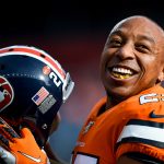 DENVER, CO - DECEMBER 22:  Chris Harris #25 of the Denver Broncos smiles as he warms up before a game against the Detroit Lions at Empower Field at Mile High on December 22, 2019 in Denver, Colorado.  (Photo by Dustin Bradford/Getty Images)