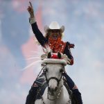 DENVER, CO - DECEMBER 22:  Denver Broncos mascot Thunder and Ann Judge lead the team onto the field prior to a regular season game between the Denver Broncos and the visiting Detroit Lions on December 22, 2019 at Empower Field at Mile High in Denver, CO.  (Photo by Russell Lansford/Icon Sportswire via Getty Images)