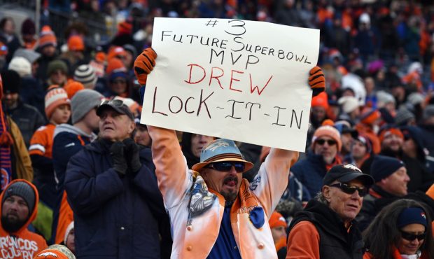DENVER, CO - DECEMBER 1: A Drew Lock fan supports the quarterback during the first quarter of the g...