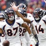 HOUSTON, TEXAS - DECEMBER 08:  Noah Fant #87 of the Denver Broncos celebrates his touchdown in the first quarter with teammate Courtland Sutton #14 in the first quarter against the Houston Texans at NRG Stadium on December 08, 2019 in Houston, Texas. (Photo by Tim Warner/Getty Images)