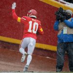 KANSAS CITY, MISSOURI - DECEMBER 15: Tyreek Hill #10 of the Kansas City Chiefs celebrates after a 41-yard touchdown against the Denver Broncos in the game at Arrowhead Stadium on December 15, 2019 in Kansas City, Missouri. (Photo by David Eulitt/Getty Images)