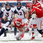 KANSAS CITY, MISSOURI - DECEMBER 15: Drew Lock #3 of the Denver Broncos scrambles with the ball against the Kansas City Chiefs in the game at Arrowhead Stadium on December 15, 2019 in Kansas City, Missouri. (Photo by David Eulitt/Getty Images)