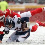 KANSAS CITY, MISSOURI - DECEMBER 15: Drew Lock #3 of the Denver Broncos is sacked by Alex Okafor #97 of the Kansas City Chiefs in the first quarter of their game at Arrowhead Stadium on December 15, 2019 in Kansas City, Missouri. (Photo by David Eulitt/Getty Images)