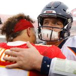 KANSAS CITY, MISSOURI - DECEMBER 15:  Drew Lock #3 of the Denver Broncos greets Patrick Mahomes #15 of the Kansas City Chiefs following their game at Arrowhead Stadium on December 15, 2019 in Kansas City, Missouri. (Photo by David Eulitt/Getty Images)