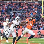 DENVER, CO - DECEMBER 29: Trayvon Mullen (27) of the Oakland Raiders commits pass interference on Courtland Sutton (14) of the Denver Broncos during the second quarter on Sunday, December 28, 2019. (Photo by AAron Ontiveroz/MediaNews Group/The Denver Post via Getty Images)