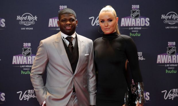 P.K. Subban of the Nashville Predators poses with skier Lindsey Vonn as they arrive at the 2018 NHL...