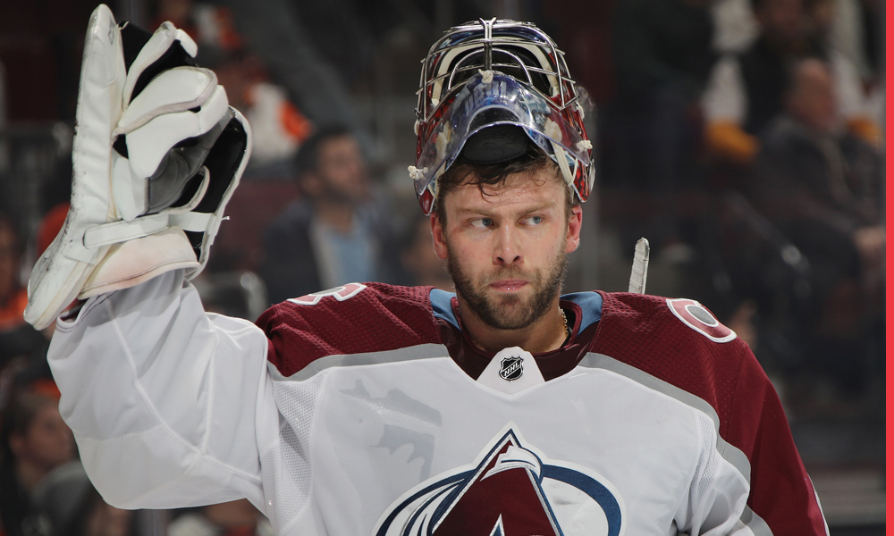 PHILADELPHIA, PENNSYLVANIA - OCTOBER 22: Semyon Varlamov #1 of the Colorado Avalanche takes a water break during the second period against the Philadelphia Flyers at the Wells Fargo Center on October 22, 2018 in Philadelphia, Pennsylvania. (Photo by Bruce Bennett/Getty Images)