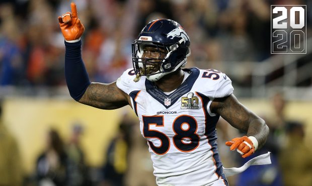 Von Miller #58 of the Denver Broncos reacts after a play against the Carolina Panthers in the fourt...