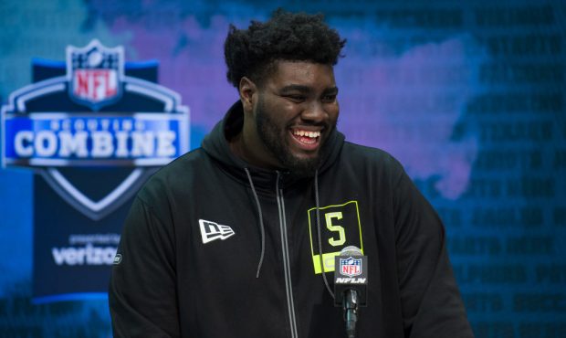 INDIANAPOLIS, IN - FEBRUARY 26: Louisville offensive lineman Mekhi Becton answers questions from th...