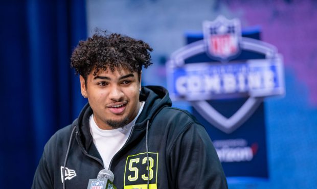 INDIANAPOLIS, IN - FEBRUARY 26: Tristan Wirfs #OL53 of the Iowa Hawkeyes speaks to the media at the...