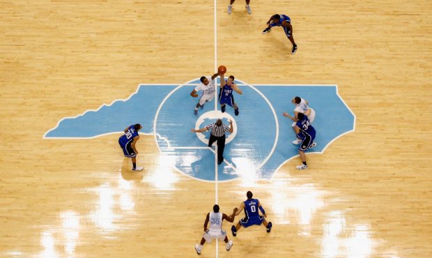 CHAPEL HILL, NC - FEBRUARY 08: A general view of the tip-off between the Duke Blue Devils and the N...