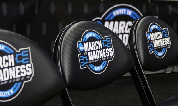 KANSAS CITY, MO - MARCH 29: A view of the March Madness logo on chairs before an NCAA Midwest Regio...