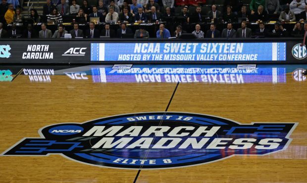 KANSAS CITY, MO - MARCH 29: A view of the March Madness logo at center court in the first half of a...