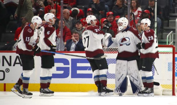 Michael Hutchinson #35 of the Colorado Avalanche celebrates 2-1 win over the Detroit Red Wings with...